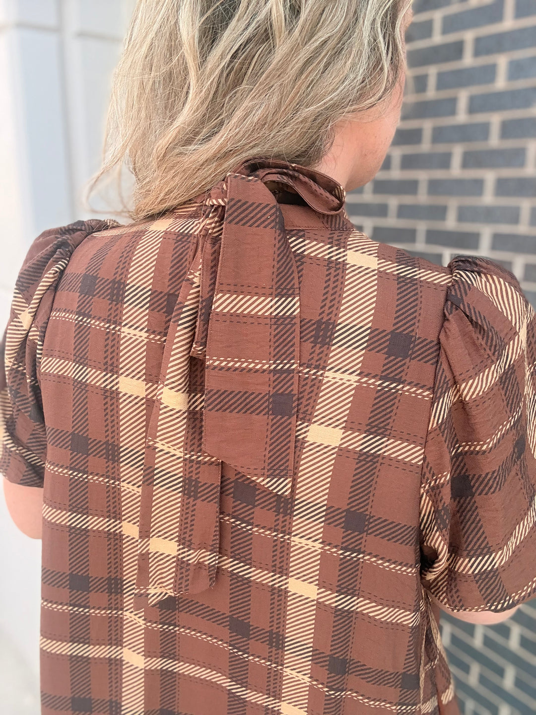 A woman viewed from behind wearing a brown and beige plaid blouse with puff sleeves and a tie-neck detail, standing in front of a gray brick wall.
