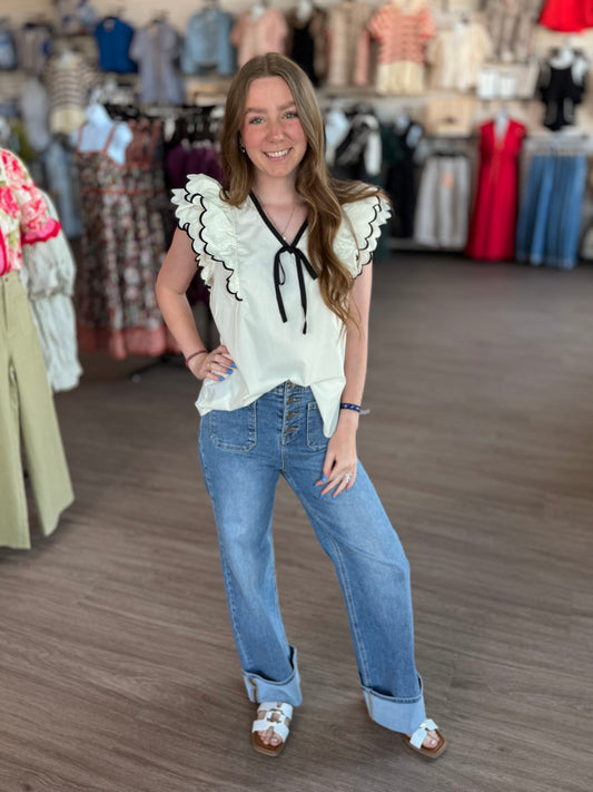 Cream Scallop Ruffle Top