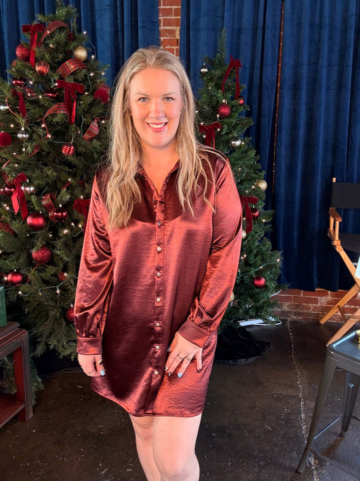 Midnight Merlot Satin Shirt Dress