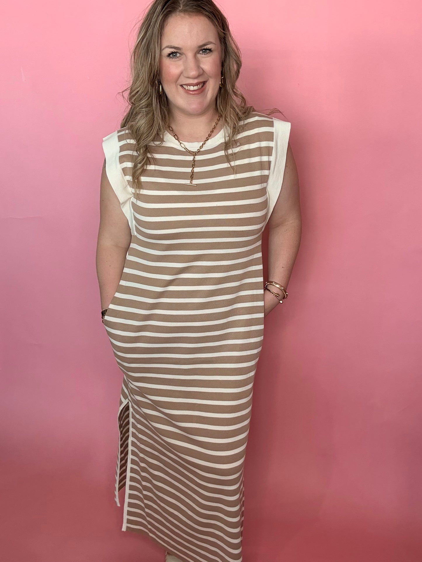 Taupe Stripe Midi Dress with Cream