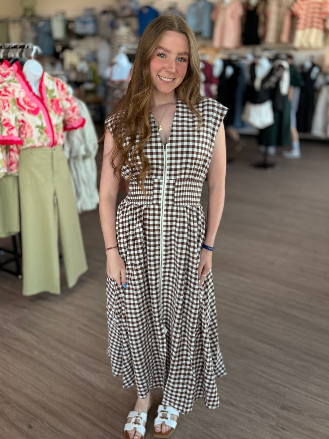 Brown Gingham Zipper Dress