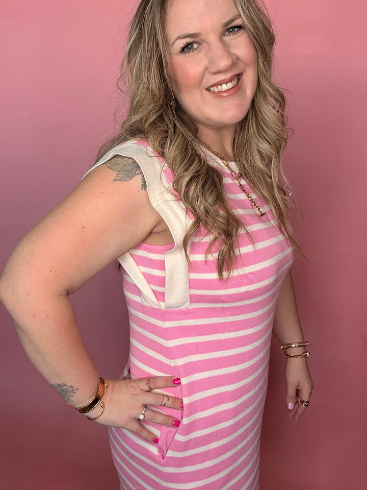 Pink Stripe Midi Dress with Cream