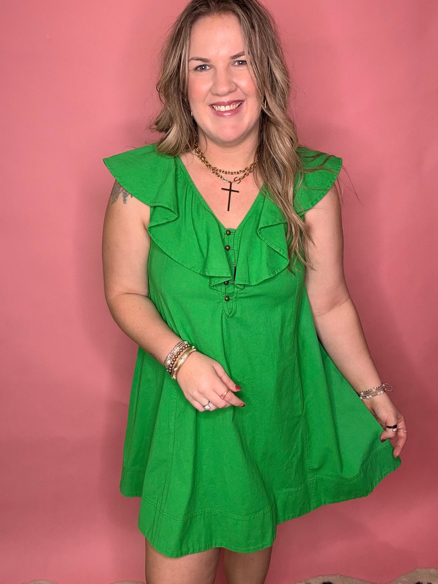 Green Ruffle Neck Dress