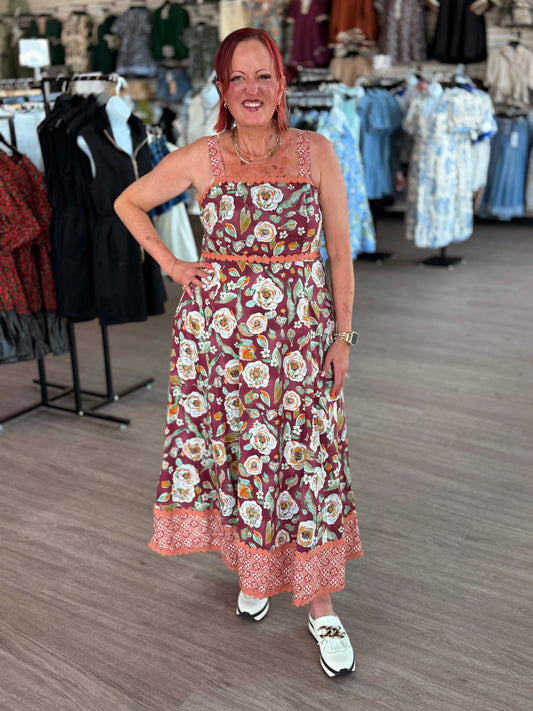 Burgundy Floral Midi Dress