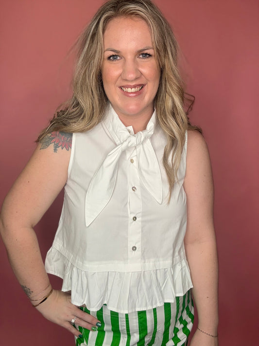 White Tie Neck Sleeveless Top