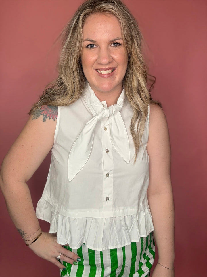 White Tie Neck Sleeveless Top