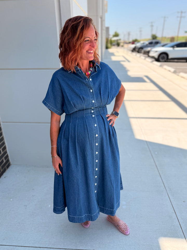 Denim Pleated Waist Dress