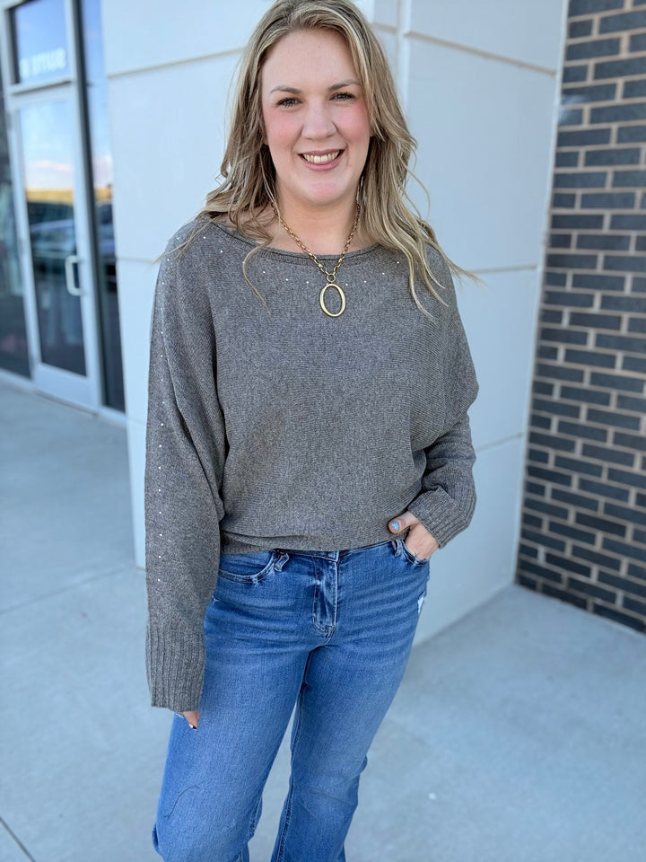 Taupe Wide Boat Neck Studded Sweater