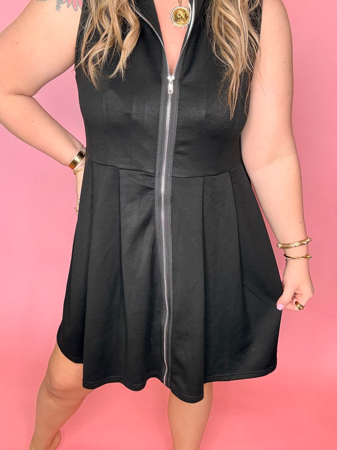 Black Scuba Zip Down Dress