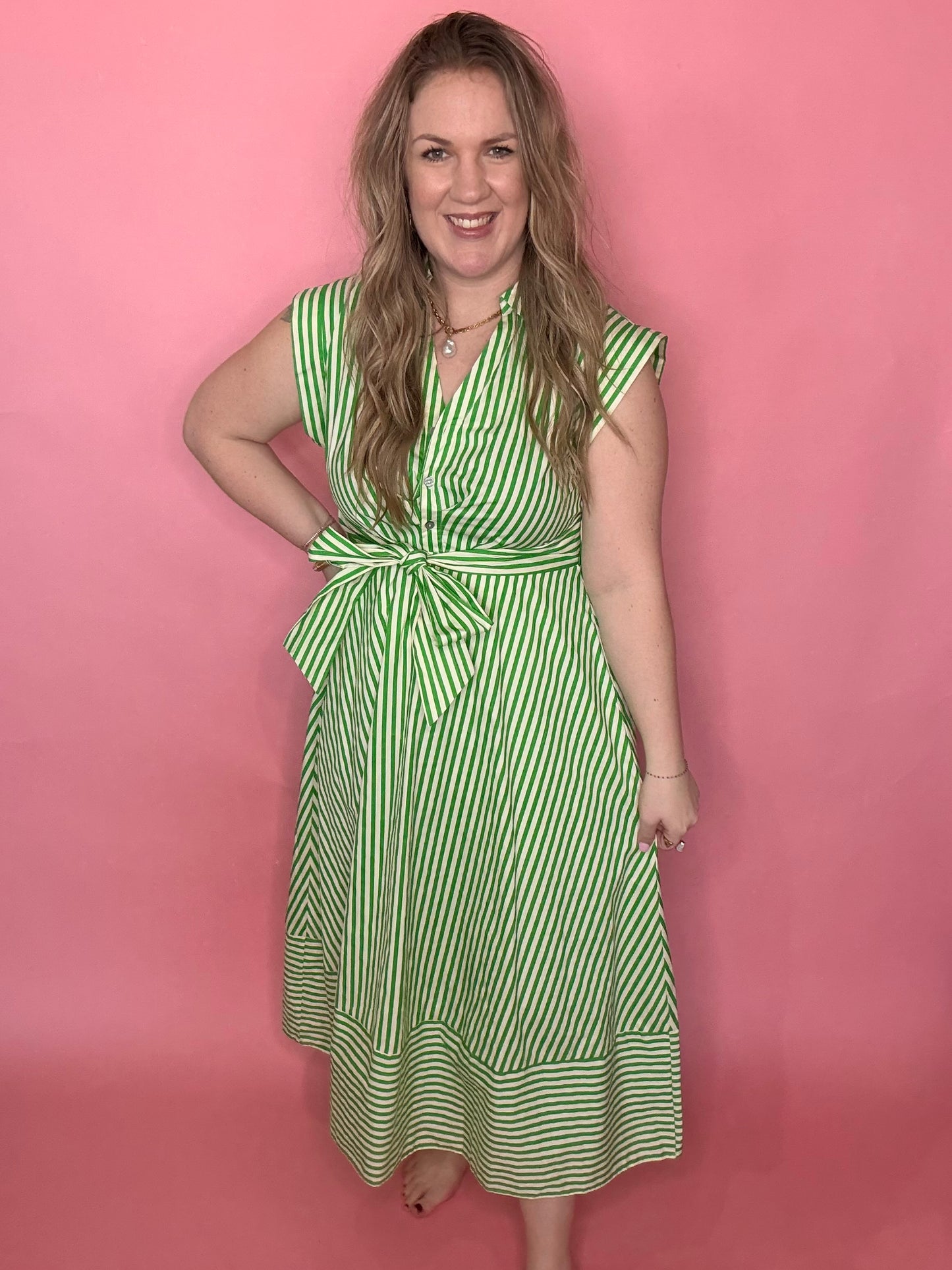 Green Stripe Tie Midi Dress