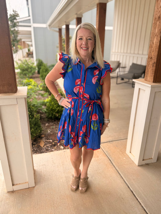 Royal Blue w/Red Flower Dress