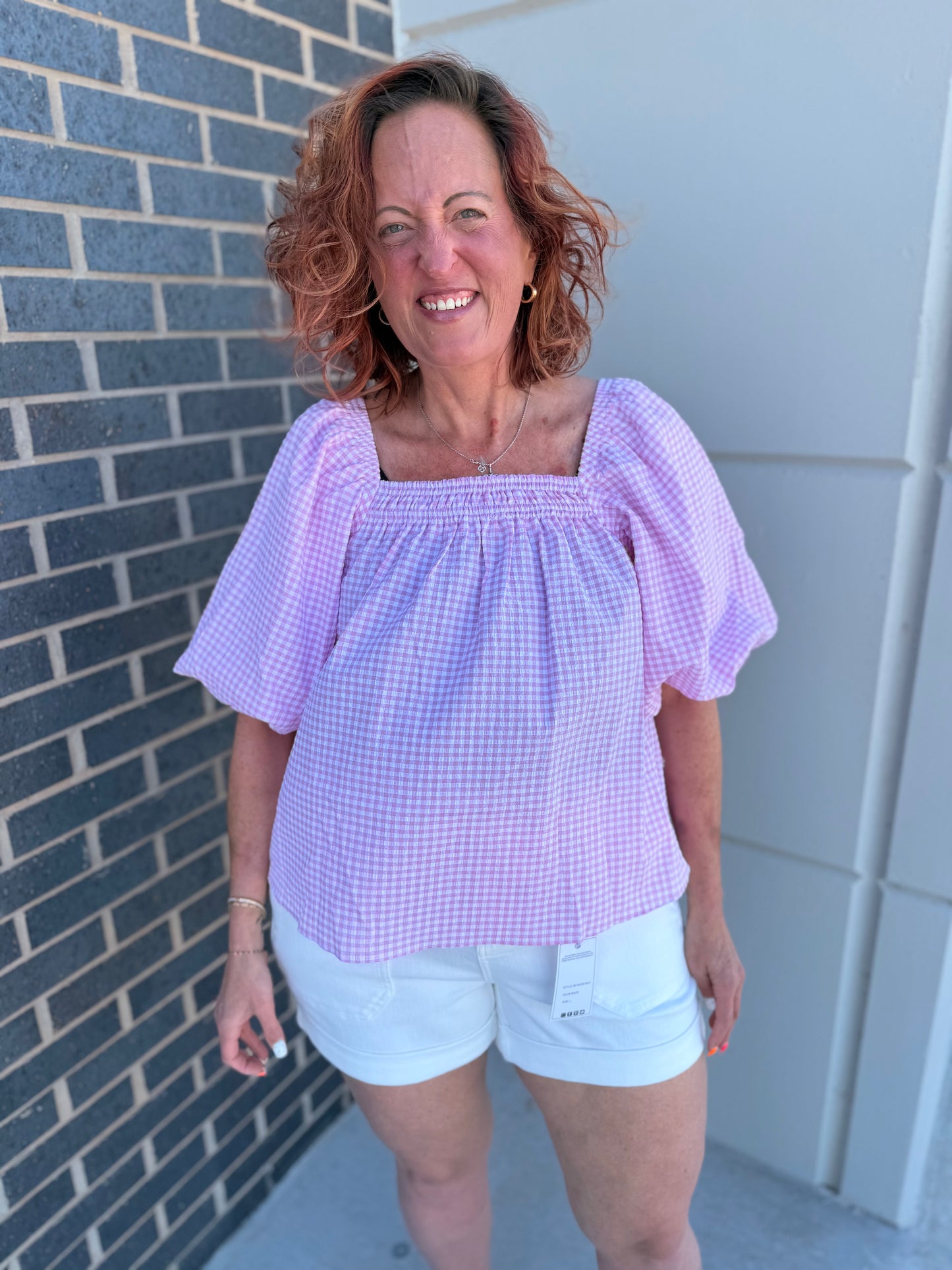 Pink Gingham Bubble Sleeve Blouse
