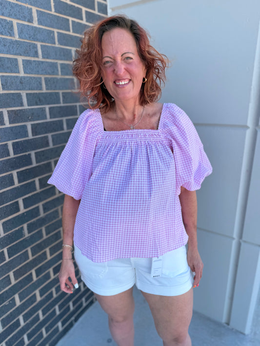 Pink Gingham Bubble Sleeve Blouse