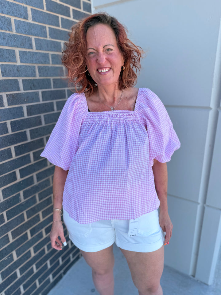 Pink Gingham Bubble Sleeve Blouse