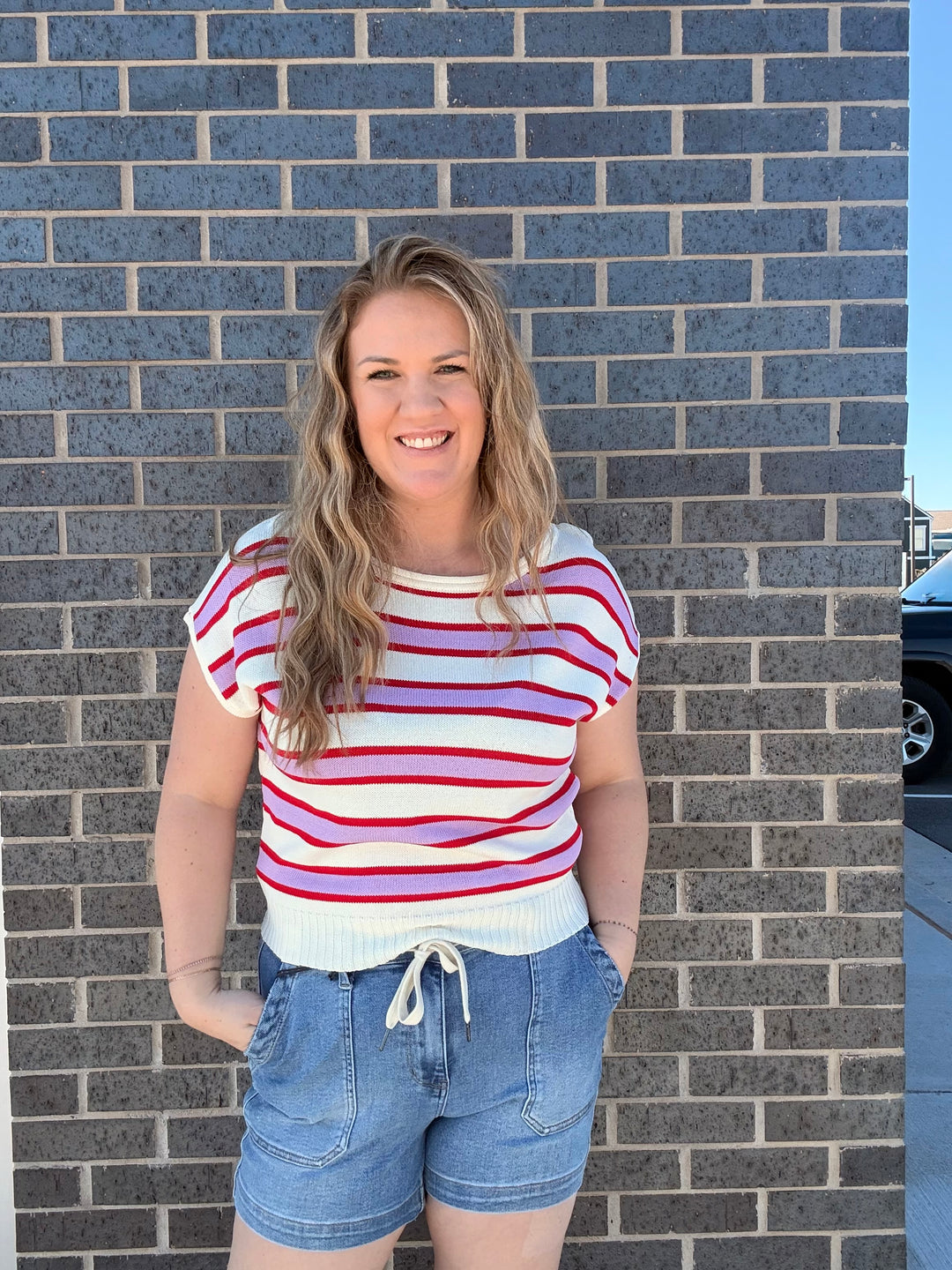 Cream, Pink, Red Stripe Knit Top