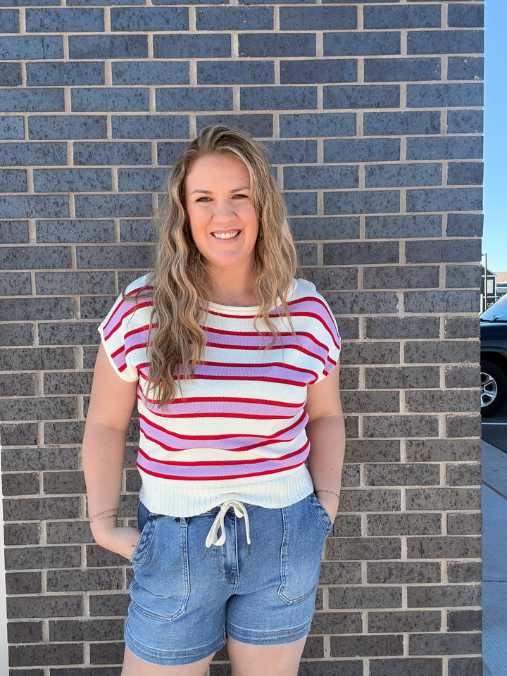 Cream, Pink, Red Stripe Knit Top