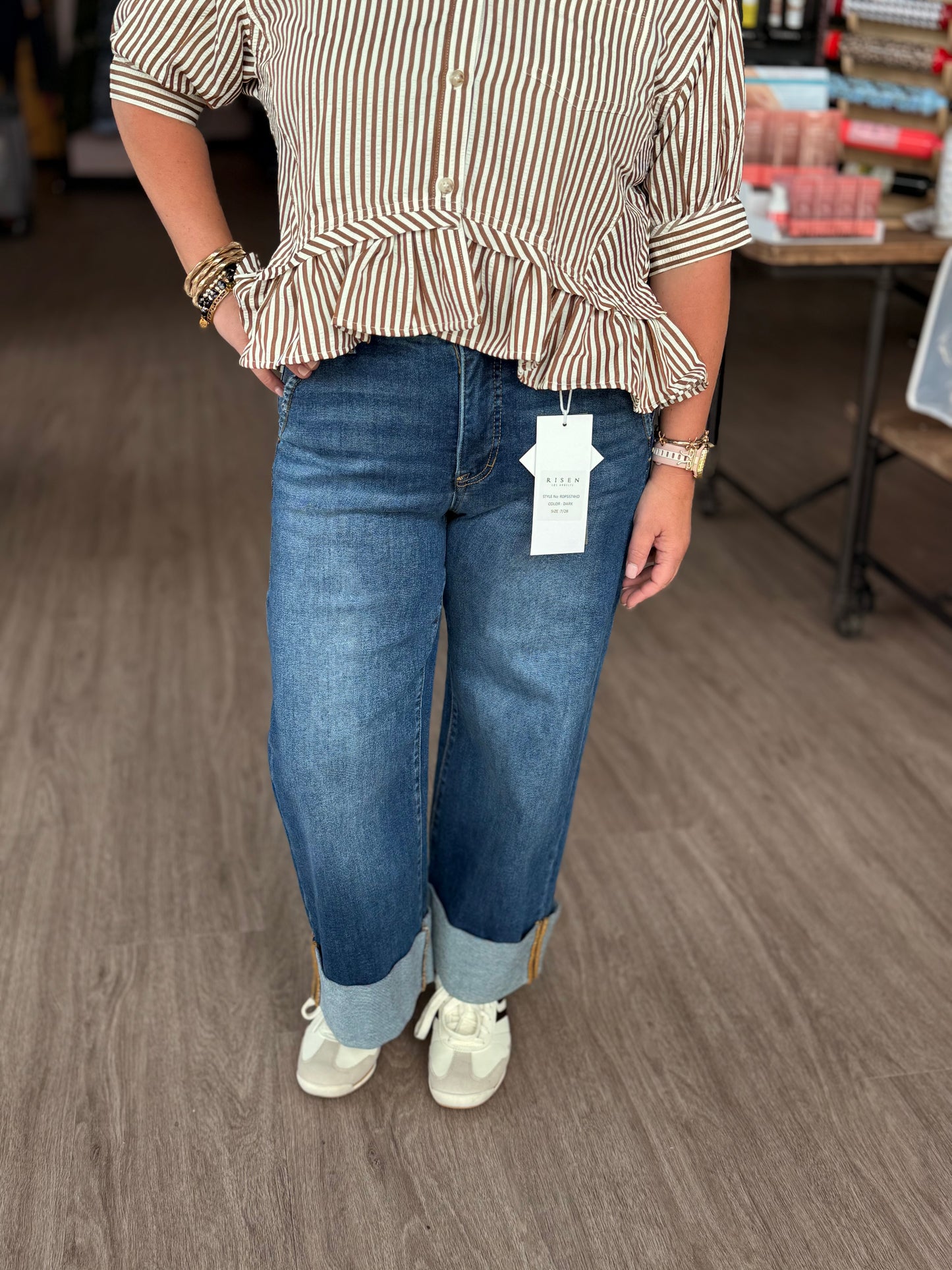 Risen High Rise Ankle Wide Cuffed Jeans