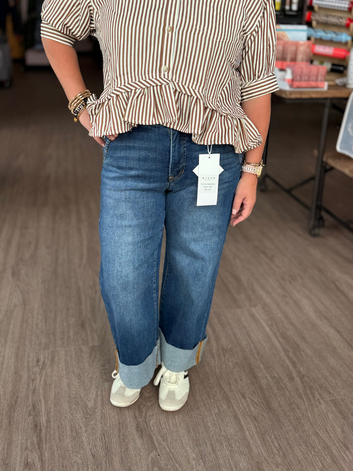 Risen High Rise Ankle Wide Cuffed Jeans