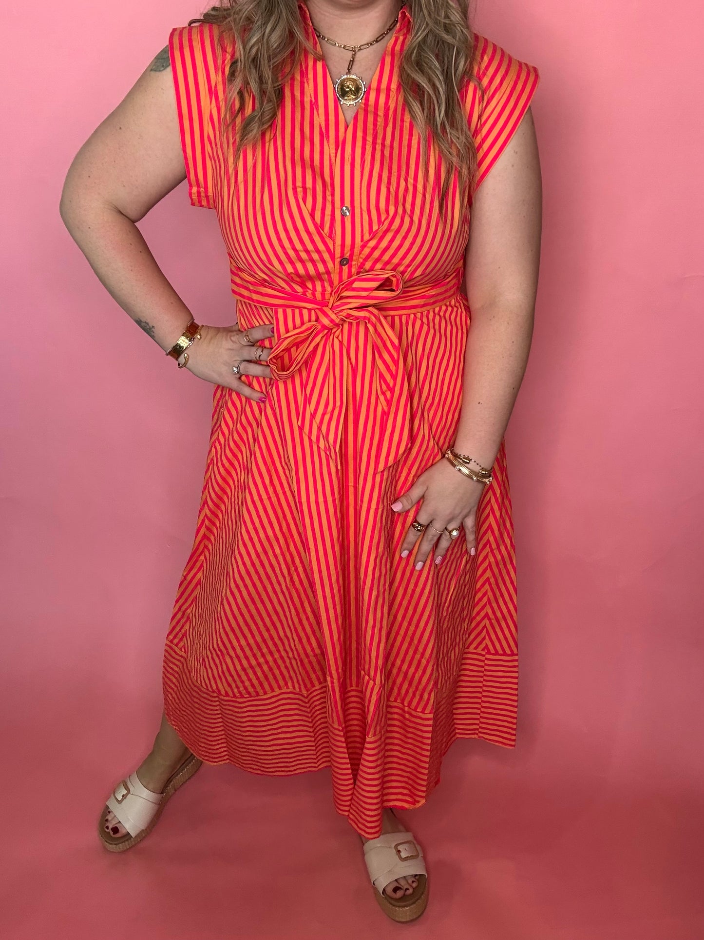 Hot Pink Stripe Tie Midi Dress