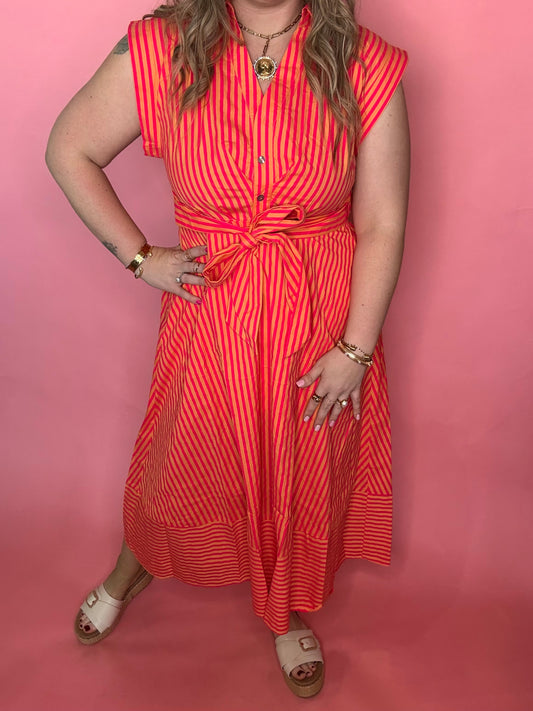 Hot Pink Stripe Tie Midi Dress