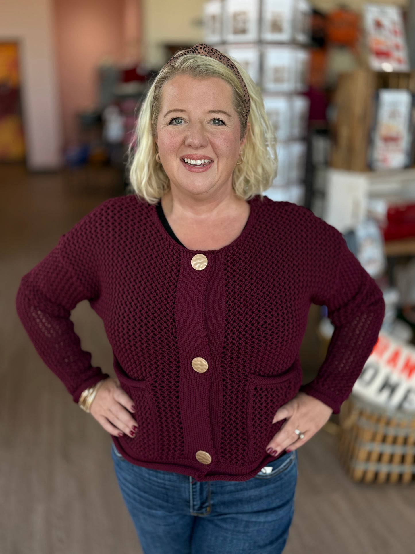 Wine W/Gold Button Cardigan