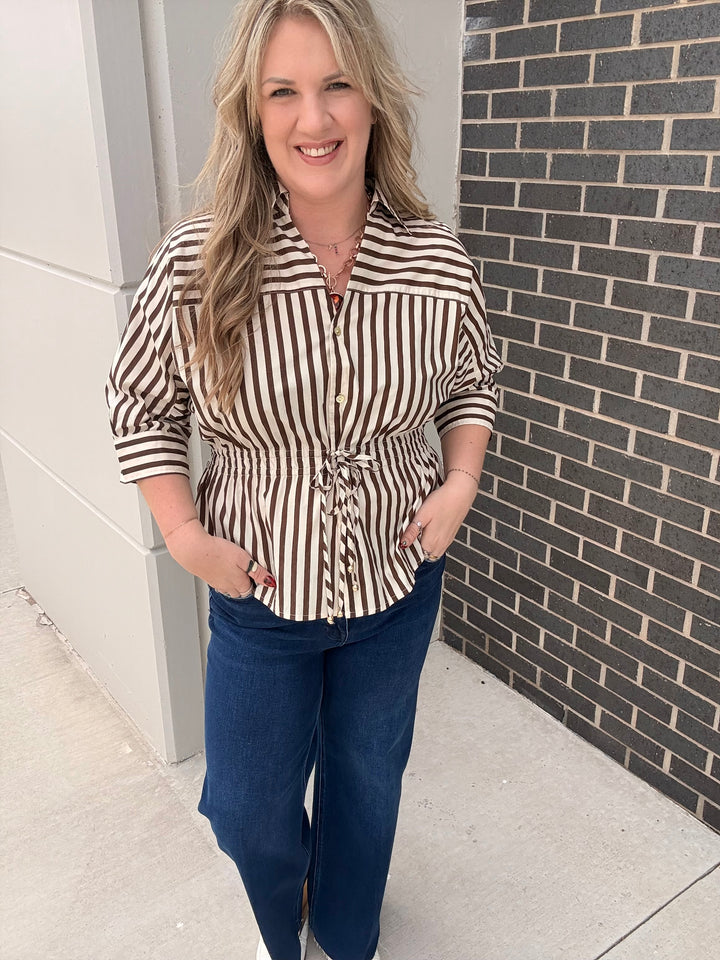 Mocha Striped Tie Waist Blouse