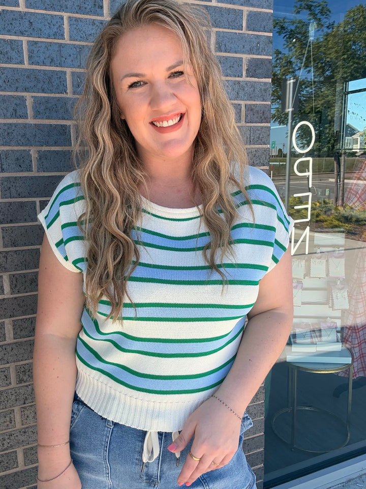 Cream, Blue, Green Stripe Knit Top
