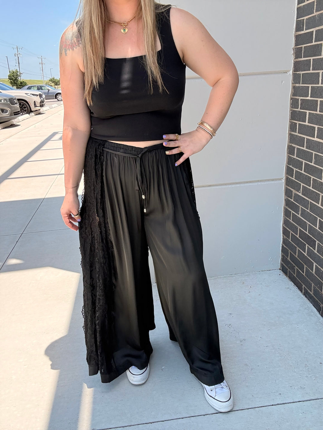 Boho Lace Trim Satin Wide Pants
