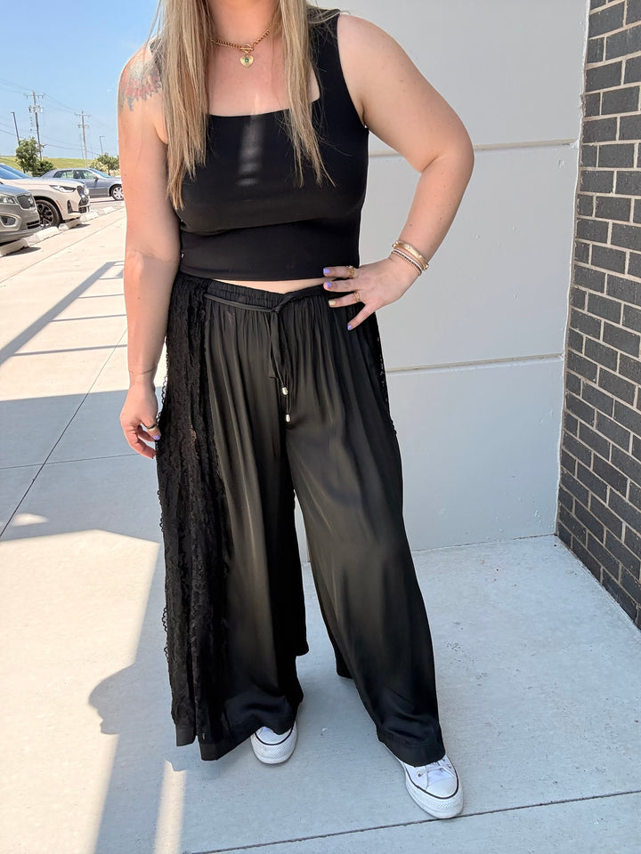 Boho Lace Trim Satin Wide Pants