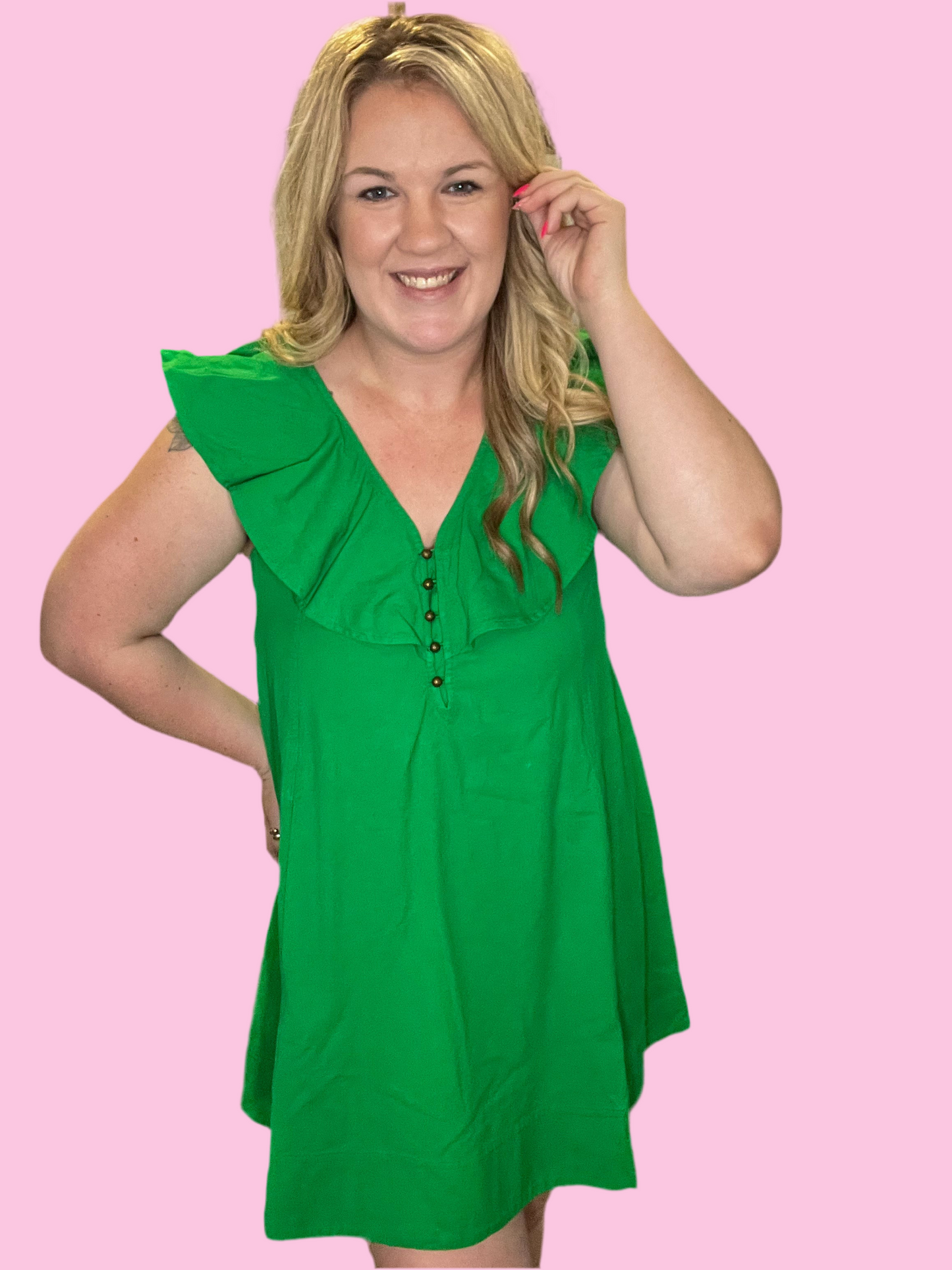 Green Ruffle Neck Dress