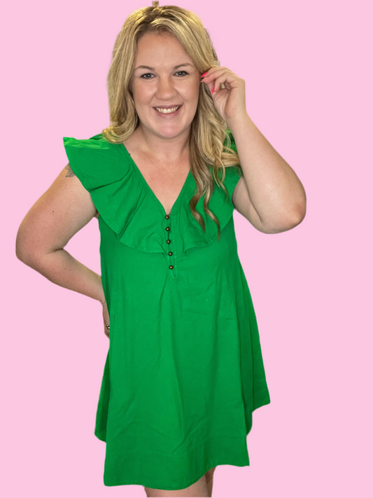 Green Ruffle Neck Dress