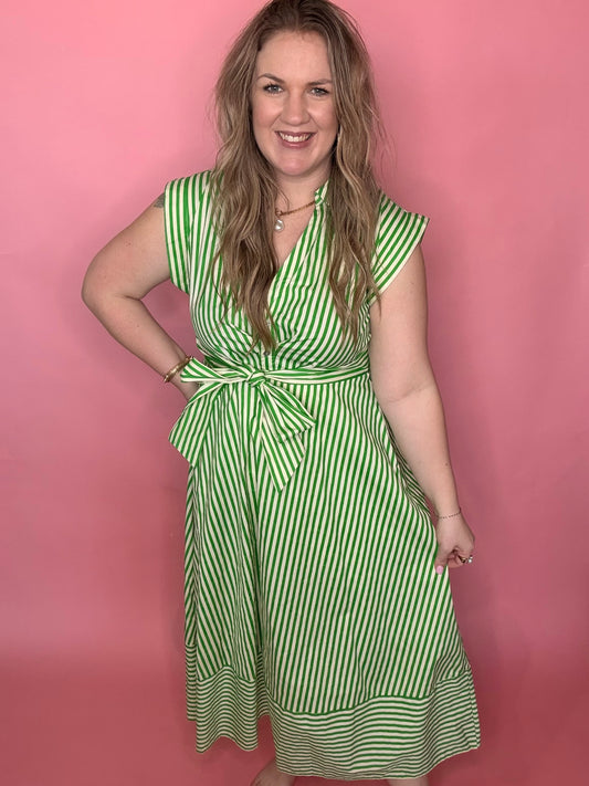 Green Stripe Tie Midi Dress