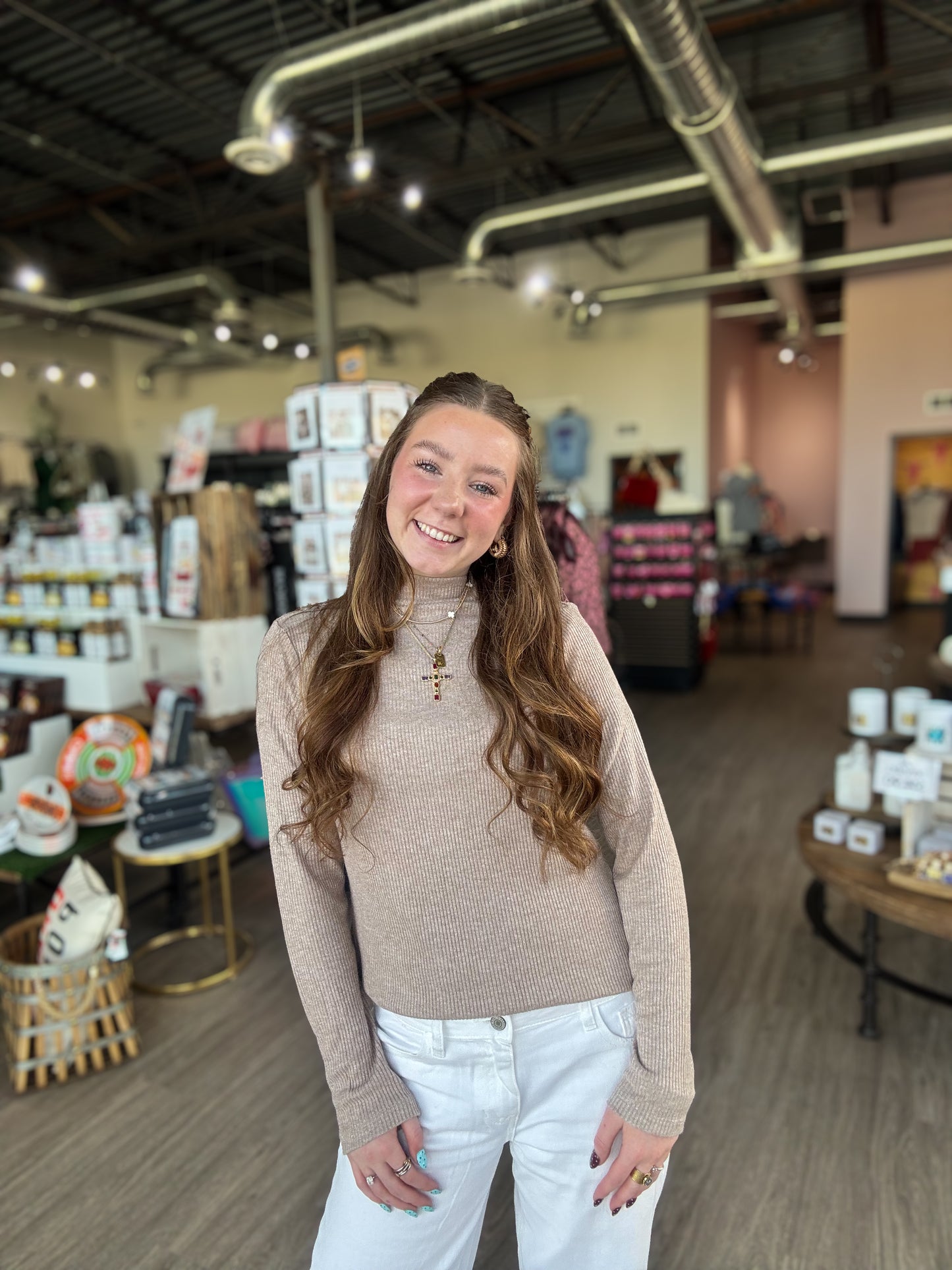 Mocha Ribbed Mock Neck Long Sleeve Top
