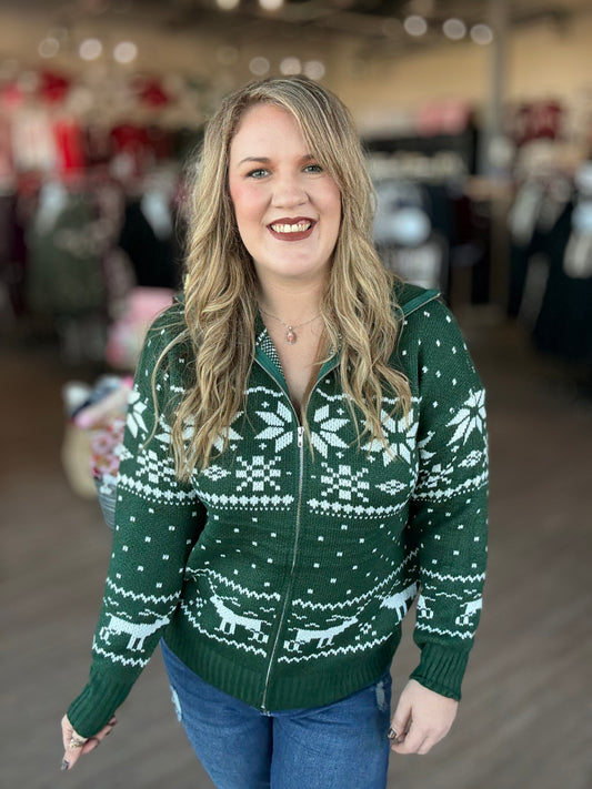 Reindeer & Snowflake Green Zipup