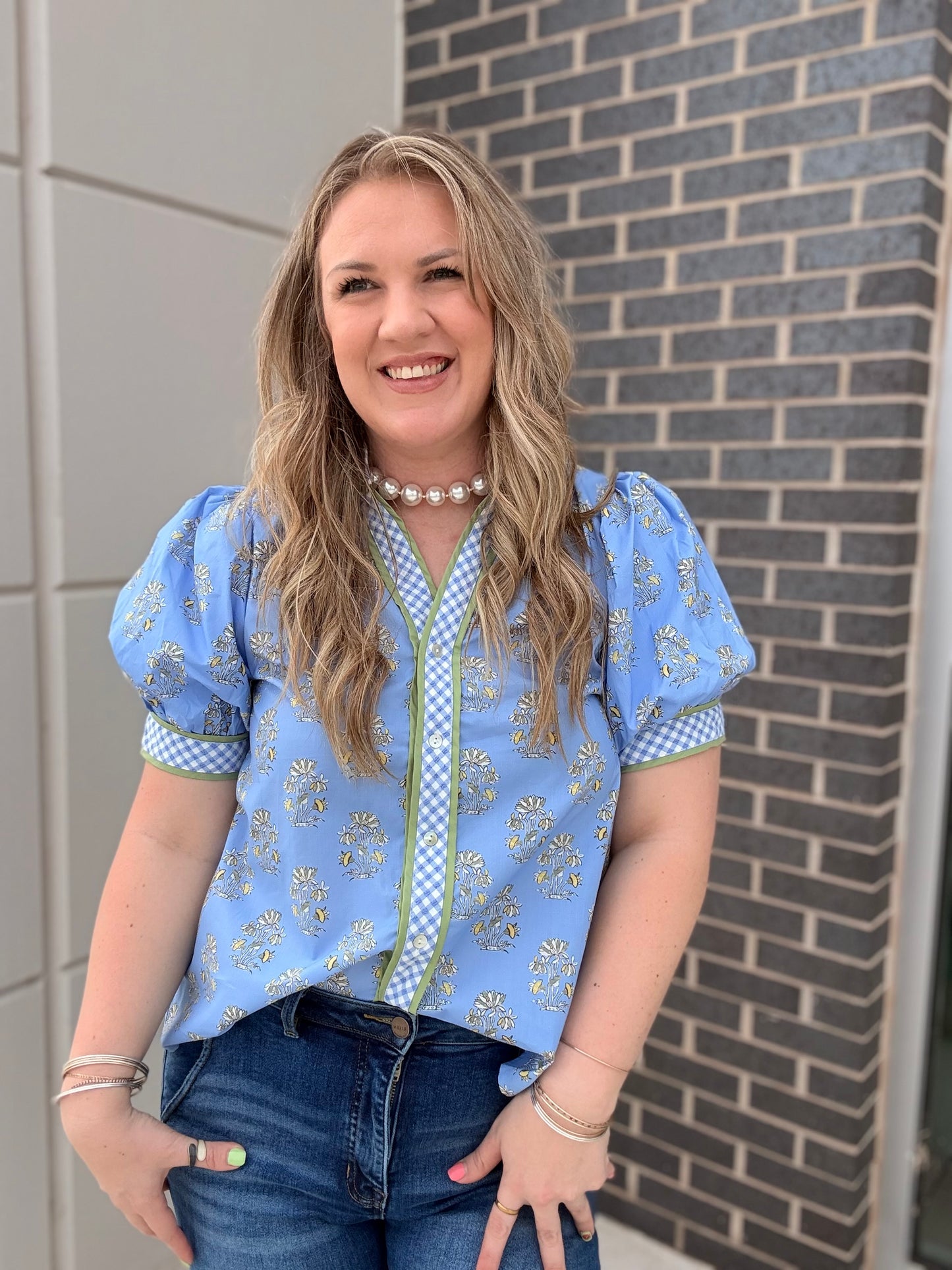 Blue Flower Gingham Accent Blouse