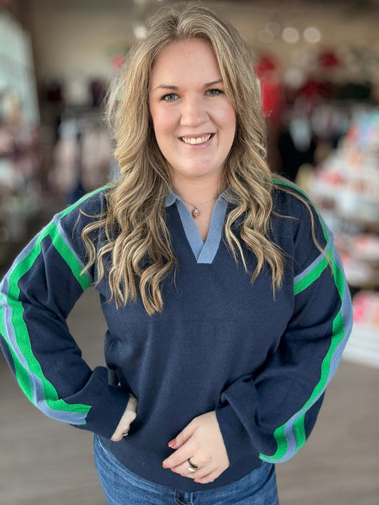 Navy w/Green Stripe Top