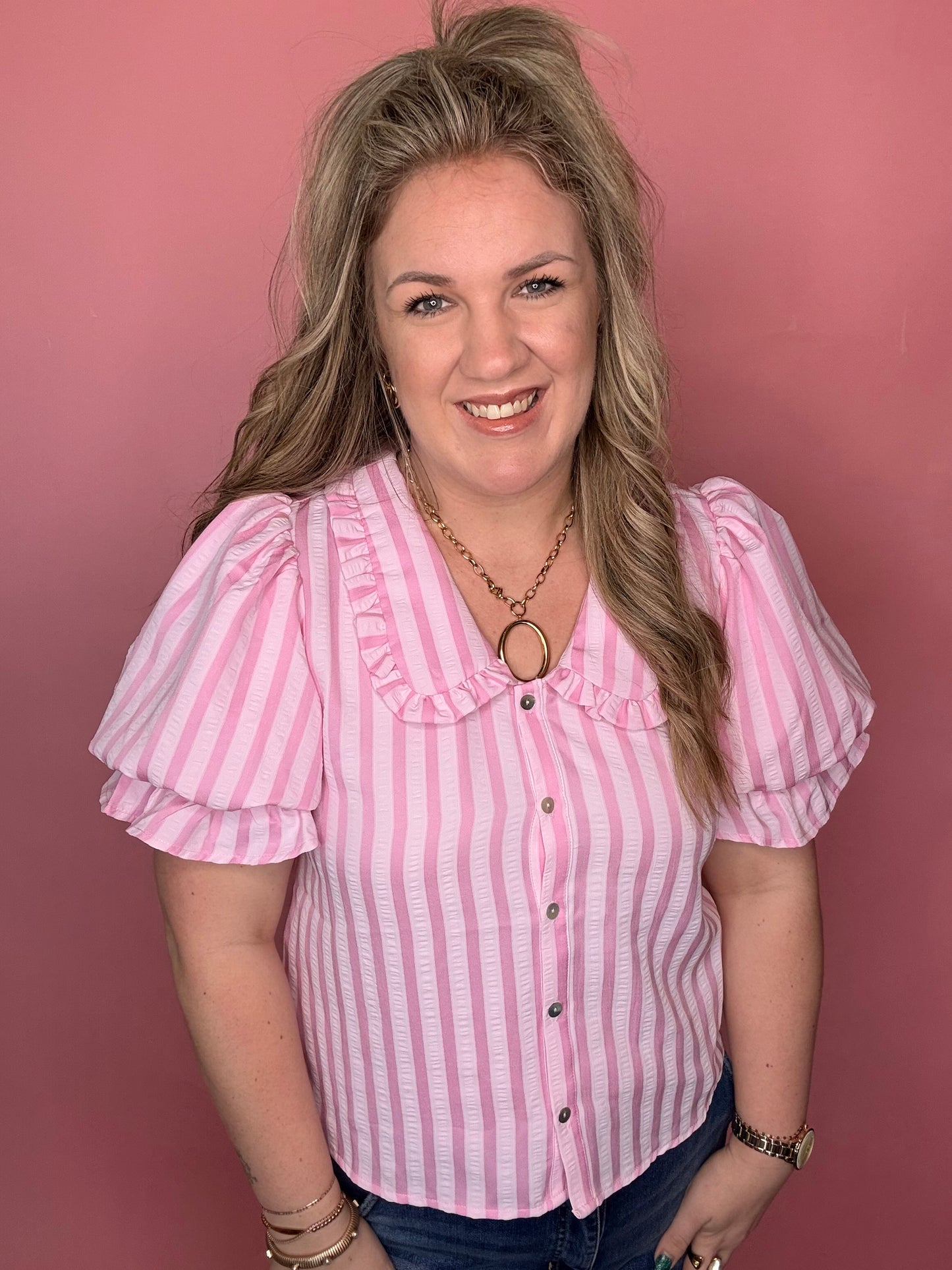 Pink Peter Pan Collar Striped Blouse