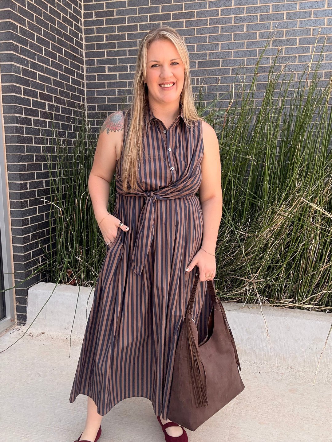 Tie It Together Dress: Navy Brown