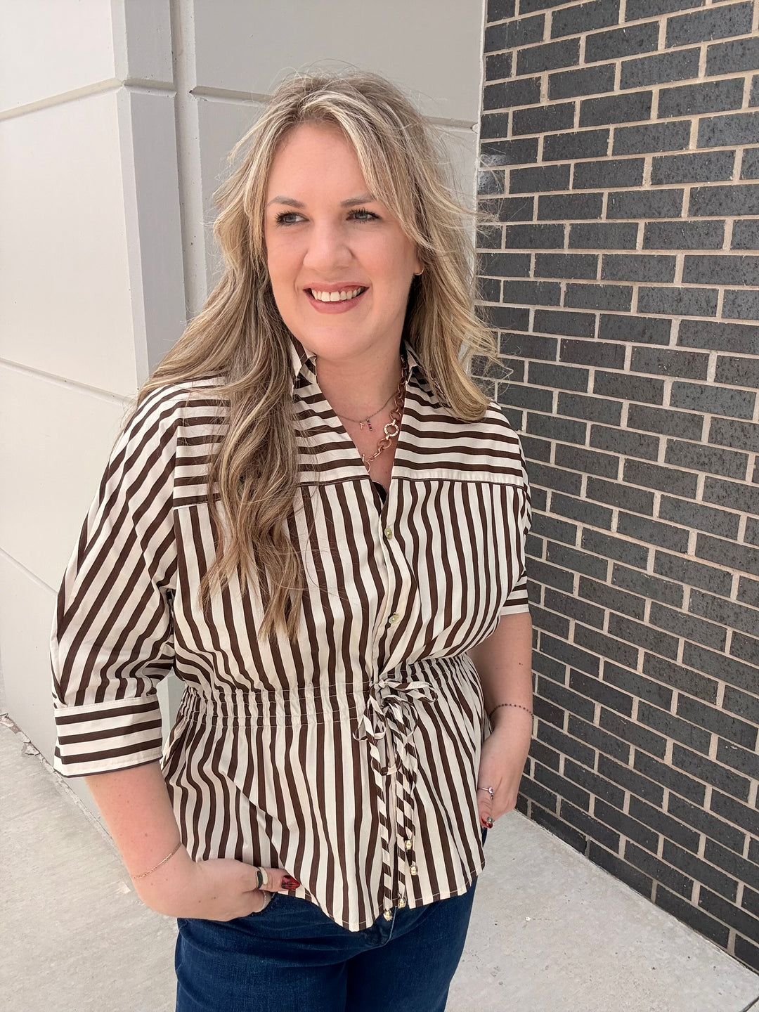 Mocha Striped Tie Waist Blouse
