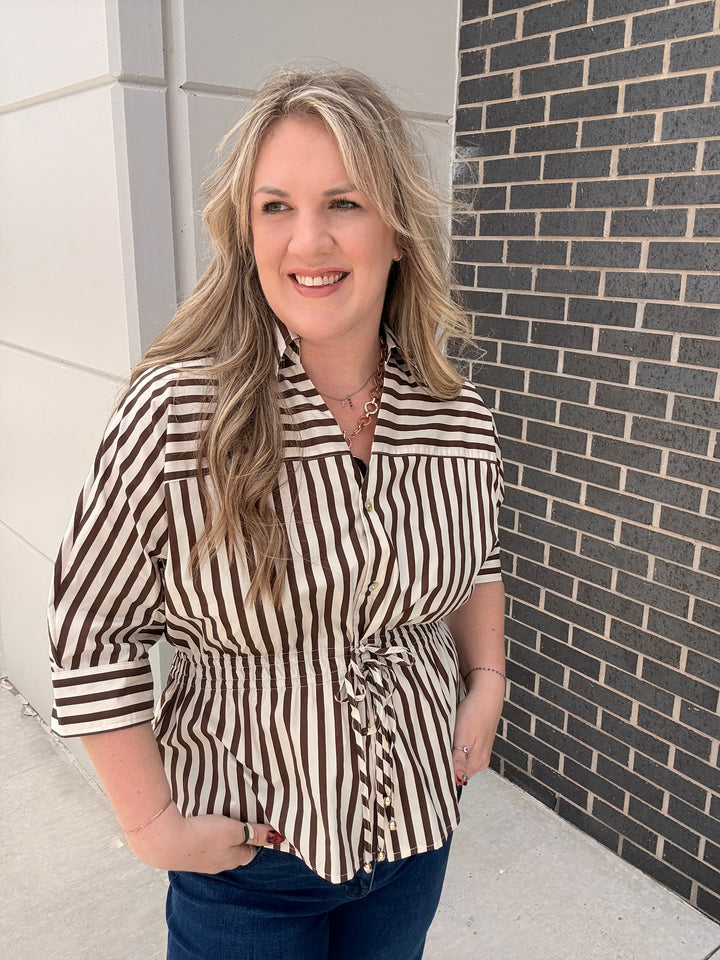 Mocha Striped Tie Waist Blouse