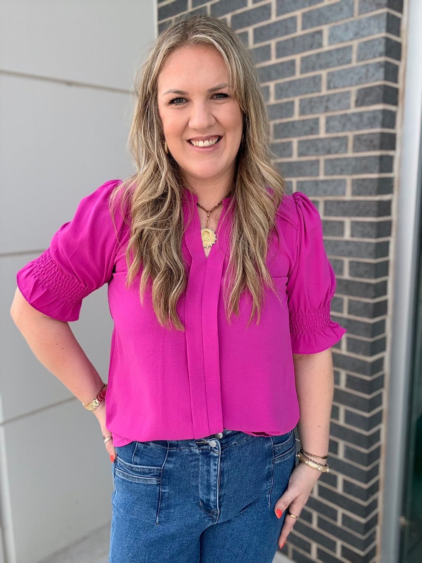 Magenta Smocked Sleeve Blouse