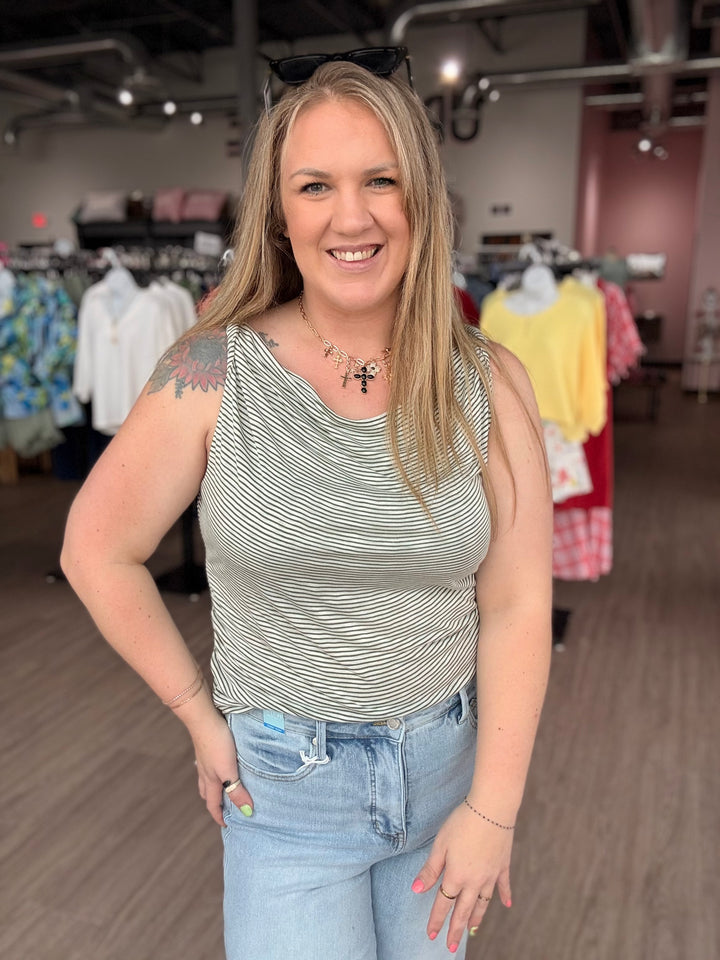 Green Striped Cowl Neck Tank