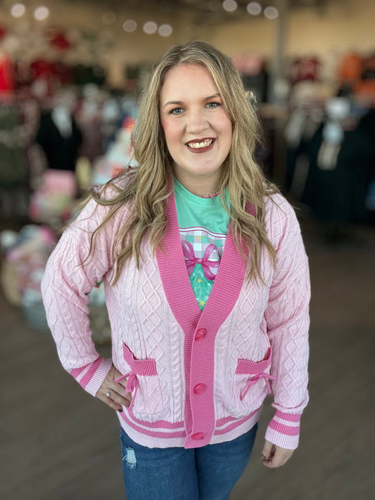 Pink Bow Cable Knit Cardigan