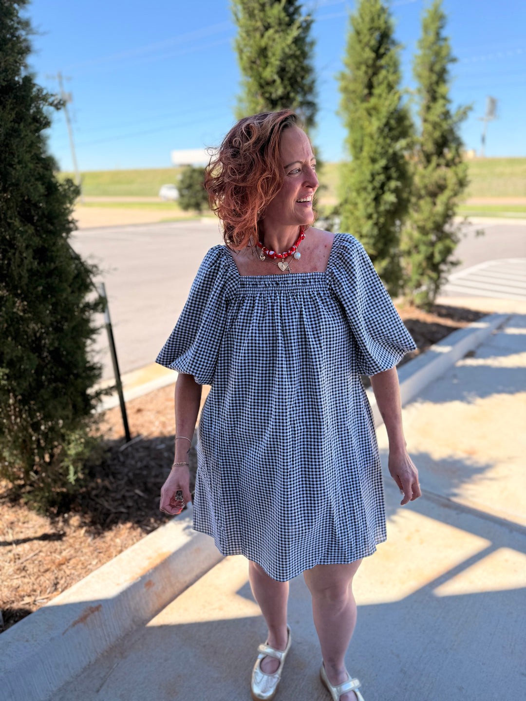 Gingham Square Neck Dress