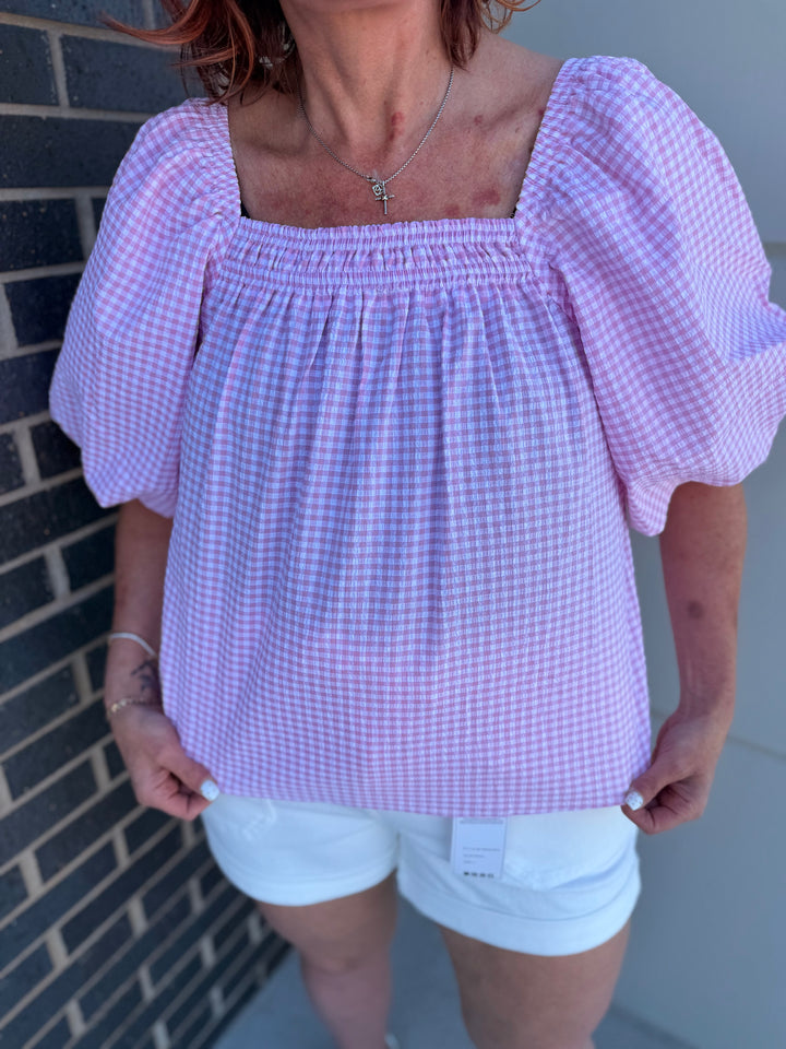 Pink Gingham Bubble Sleeve Blouse