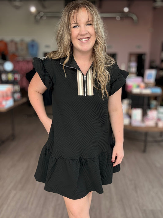 Black Textured Dress w/Beige Stripe