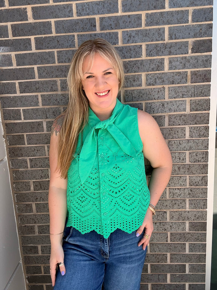 Green Eyelet Sleeveless Blouse