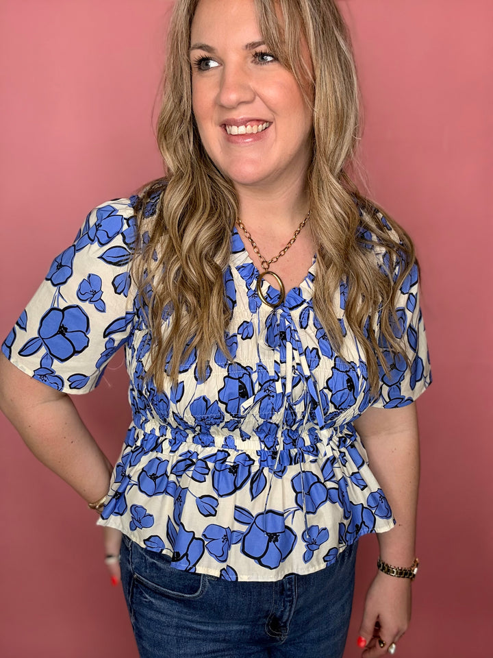 Blue Poppy Peplum Blouse
