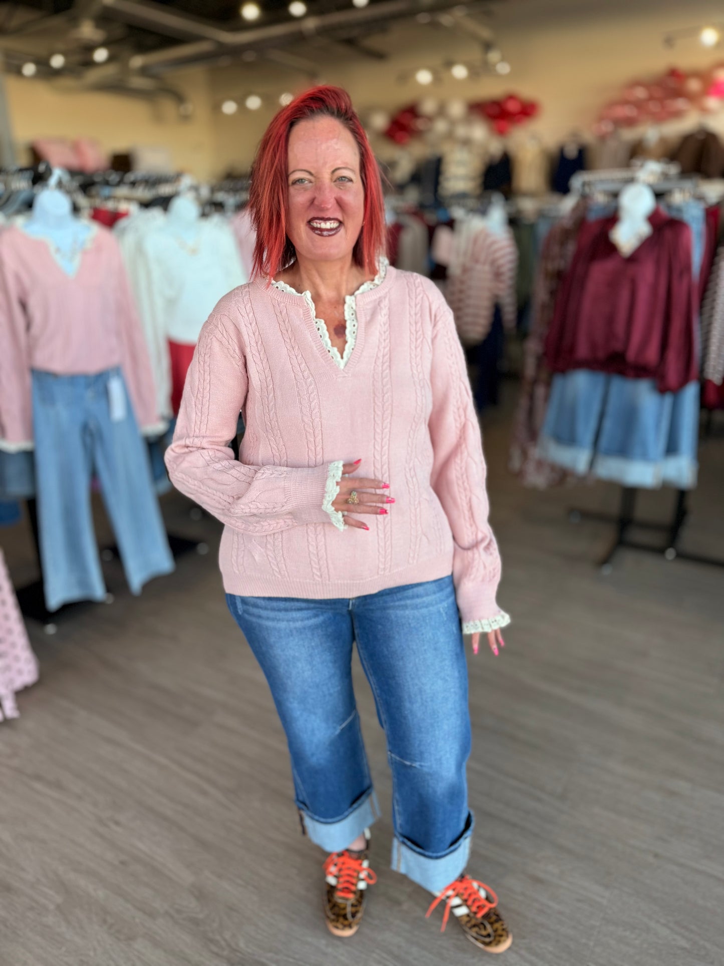 Blush Cable Knit w/Lace Trim Sweater