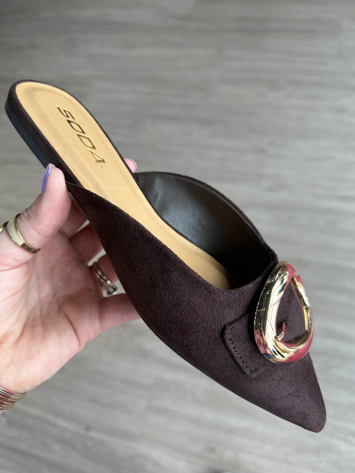 Jamie Brown Suede Buckle Mules